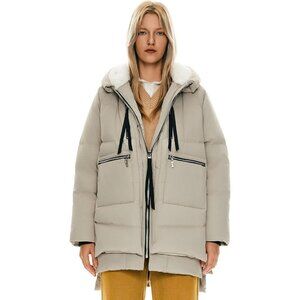 Women's Thickened Beige Clothing Down Vest Jacket Warm Fleece Lined Hood Coat